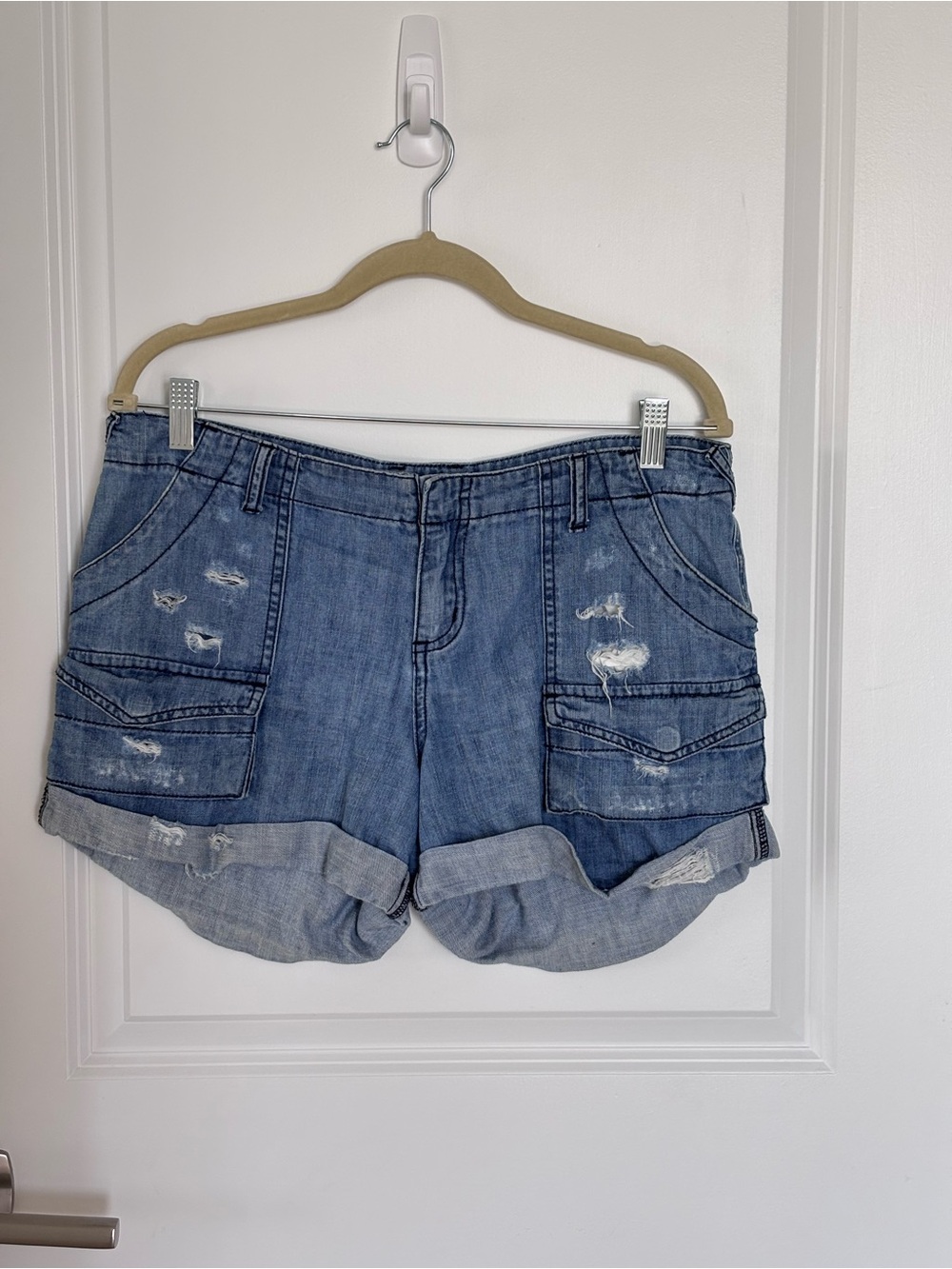 Joie Distressed Denim Cargo Shorts Cuffed Utility Size 8